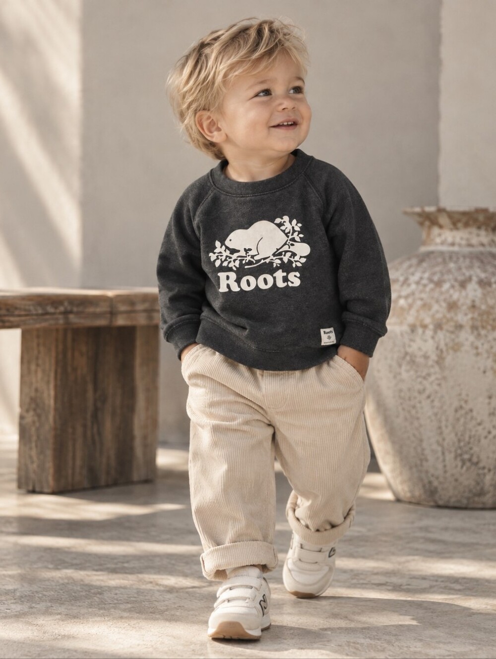Roots Kids Charcoal Sweatshirt with White Beaver Logo